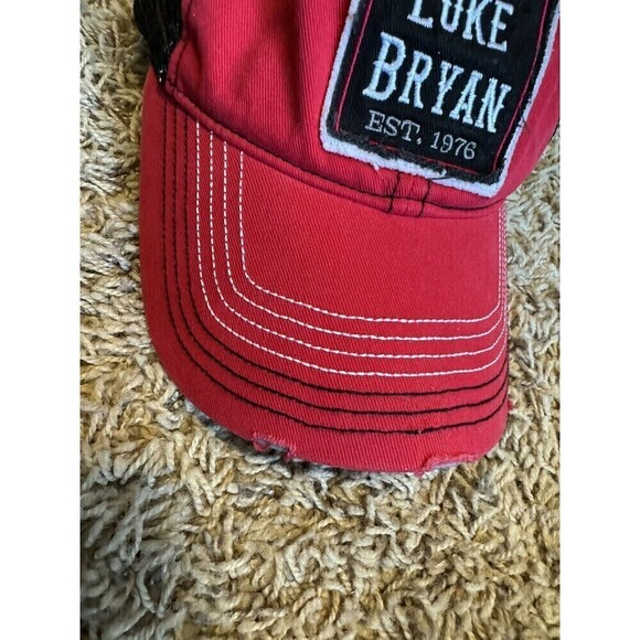 Luke Bryan Distressed Cap Hat Adjustable Strap Red Black Mesh Unisex Country - Picture 3 of 9